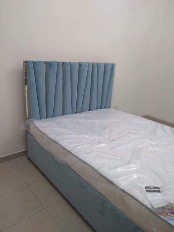 Sky Blue Velvet Tufted Bed with Gold Detailing