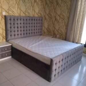 Grey Tufted Velvet Bed with Modern Design