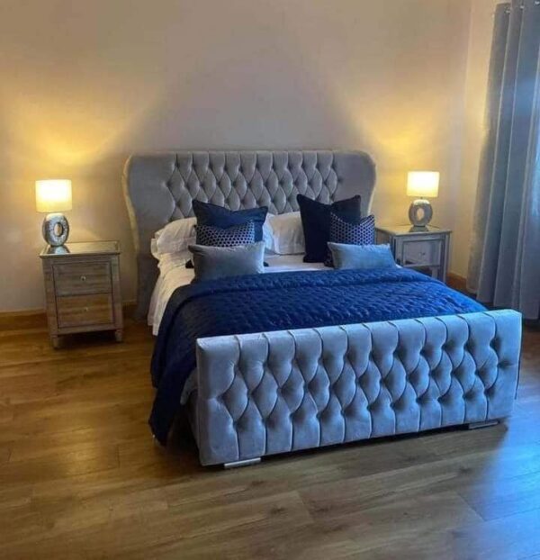 Elegant Silver Velvet Tufted Bed with Matching Bench